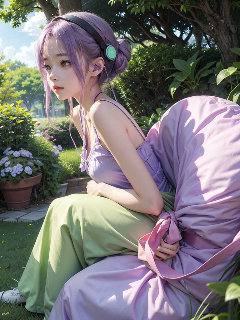 Chill Heartbeats、Light purple、green、listening to music on headphones、relax、Happy、Ghibli、