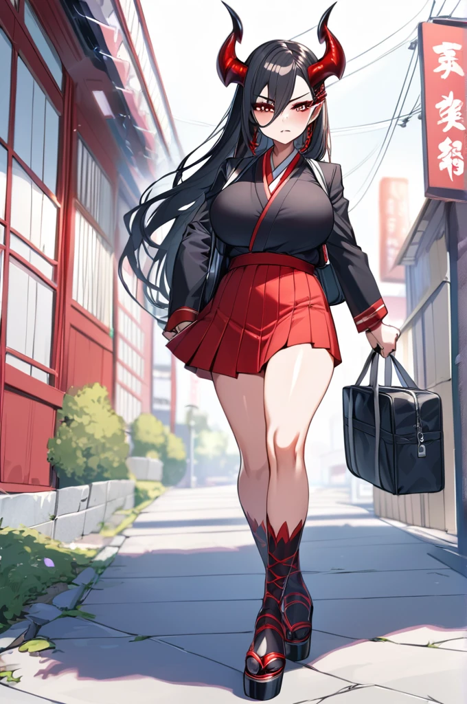 Demonia woman, big breasts, tomboy style, long black hair,Big red horns,Dressed in a Japanese , holding a Japanese school bag, walking to a high school