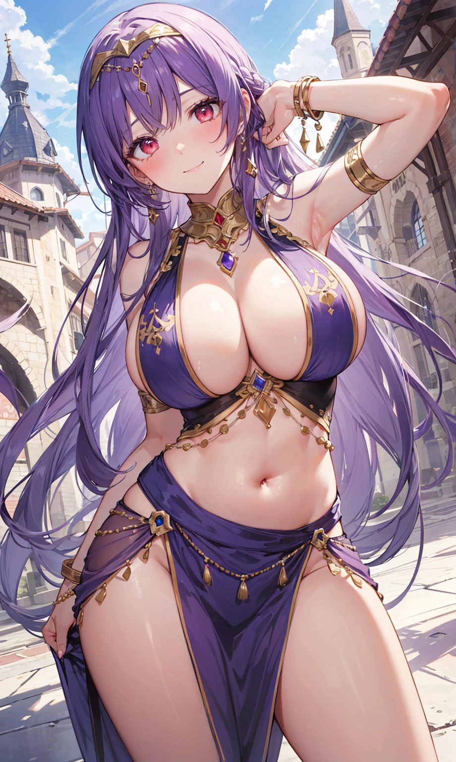 high quality, ultra detailed, best quality, insanely detailed, beautiful, masterpiece, 1girl, medieval plaza, cowboy shot, red eyes, long hair, purple hair, belly dancer, circlet, earrings, armlets, bracelets, bashful smile, large breasts, cleavage, soft stomach