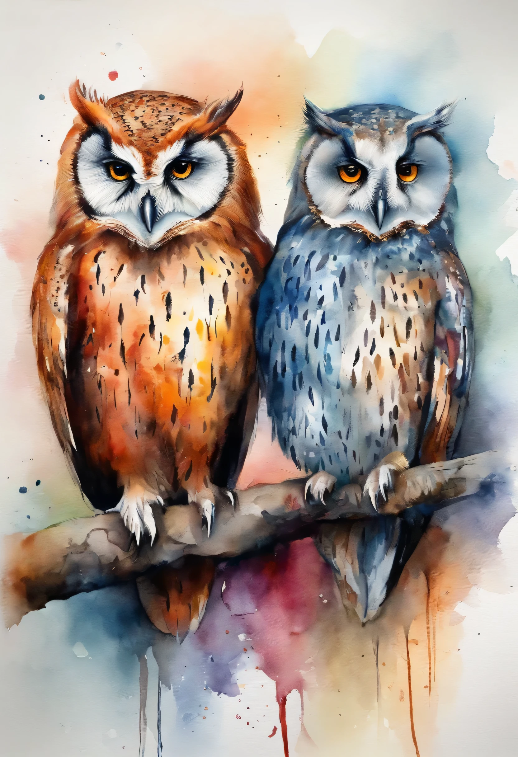 owls、art by、Artistically、3d watercolor abstract,Dark background,High resolution,High quality,Colorful、Hareful、Abstract、colourfull