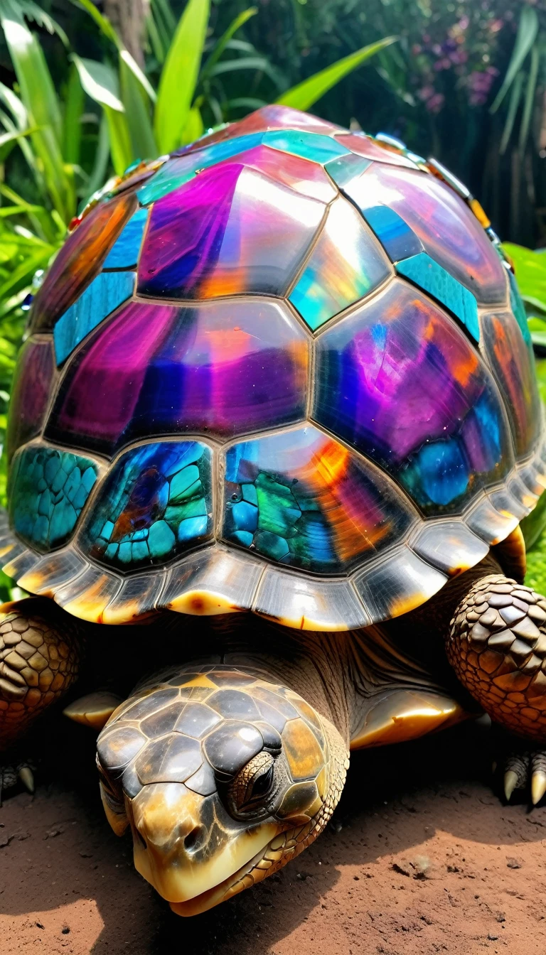 "Majestic giant tortoise, shell made of vibrant gemstones in seven colors, elemental magic aura, peaceful expression