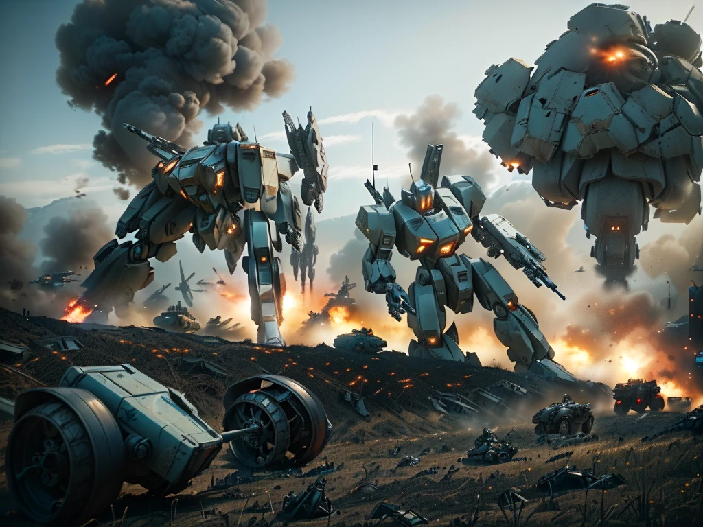 a close up of a group of robots in a field with smoke, mech machines firing bullets, soldiers and mech fight, war mechs fighting, an armored core on the ground, futuristic battlefield, battle mech, concept art octane render, battlemech, octane cgsociety, armored core, discarded mech in background, battletech style, concept design art octane render, battletech