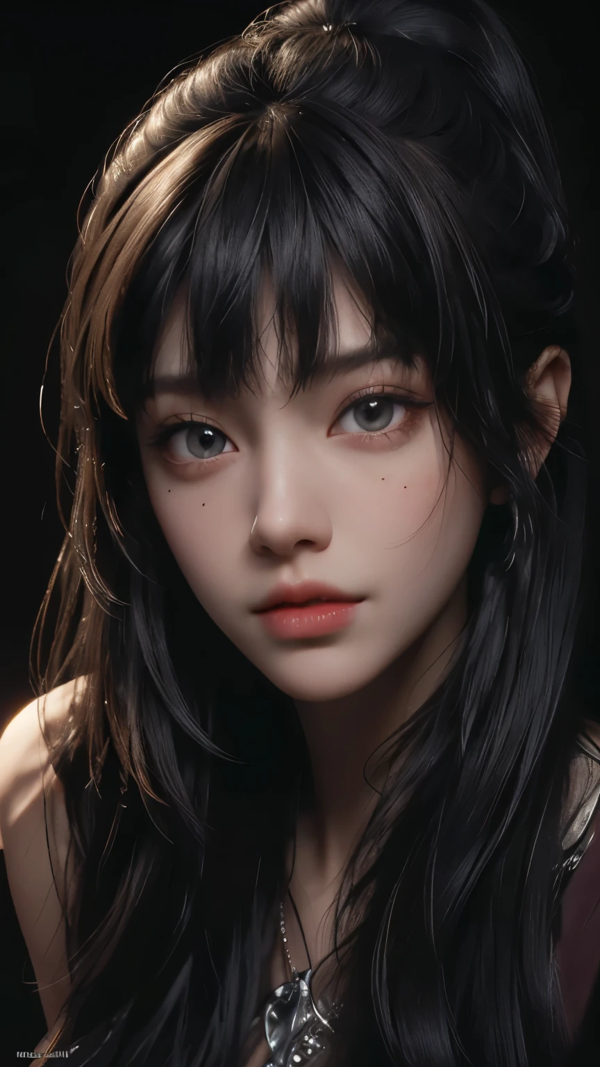 masterpiece, best quality, ultra-detailed, facing the camera head on, intricately detailed hyperdetailed, realistic, sharp features, highly detailed, sharp focus, perfect face, perfect face, perfect symmetrically perfect eyes, perfect full lips, flexible female form, cinematic, film light, hyper detailed, hyper realistic, dynamic studio lighting, nsfw, ((Dark background)), Sexy face, Facial expressions when receiving pleasure, straight Bangs,