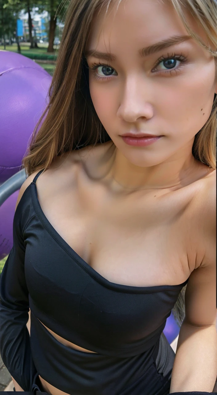 18 year old girl 6’2” tall, blond, long muscular legs, slender, lean, blue eyes, heart shaped face, black athletics leggings and sports bra, standing in the park, 10-pack abs, brick like abs, muscular forearms
