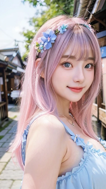 Gorgeus Girl, Beautiful, Baby Face, 20 Years Old, White Skin, Colossal Breasts, Side Pose, Sexy Look, Sleeveless, Cleavage, Sexy Kimono Costumes, Pastel Colour, Blue Eye, Muscles, Bokeh, Japanese Village Place Background, Masterpiece, Fullbody Shot, Straight Pink Hair, Smiling