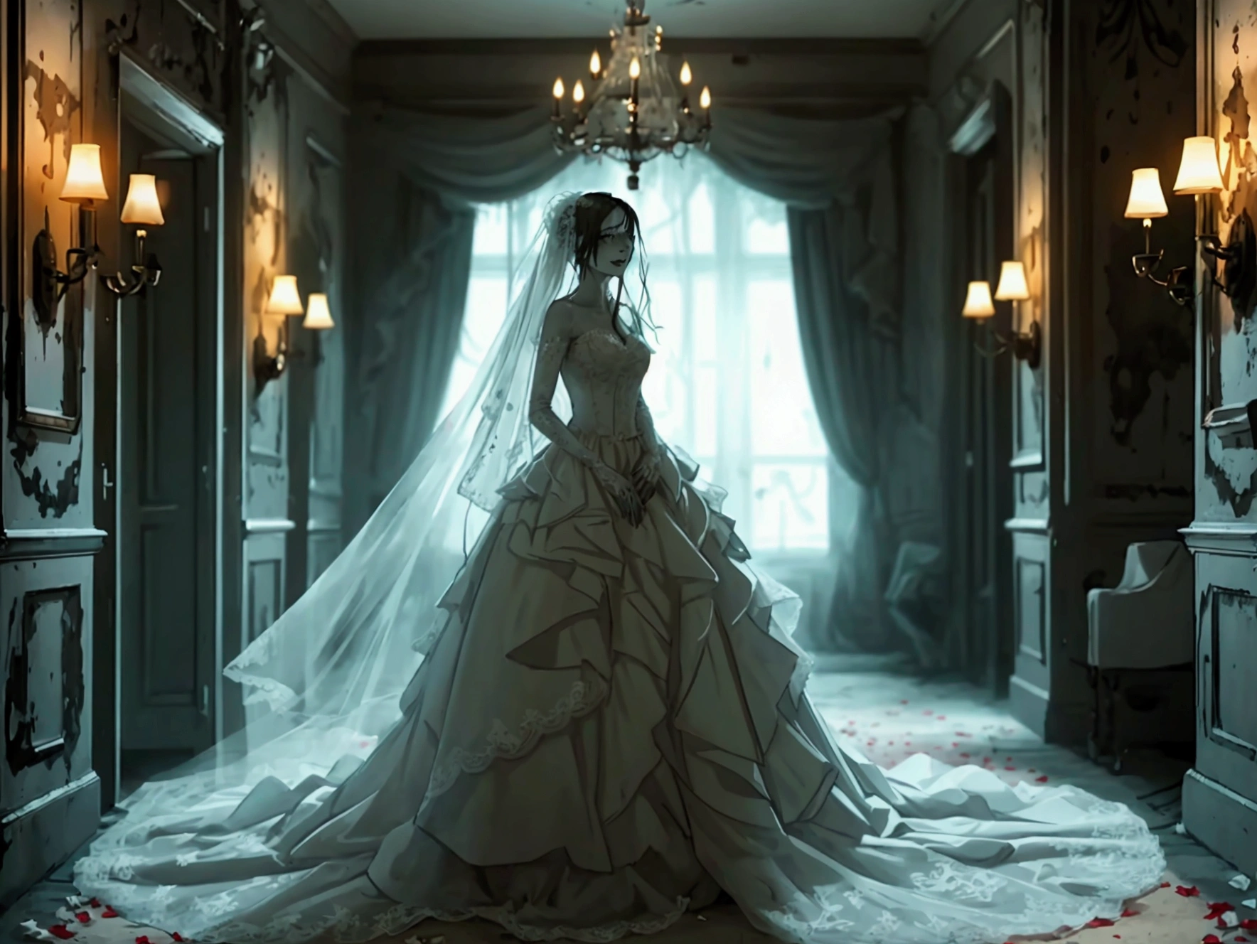 Create an image of a ghostly woman dressed in a wedding gown, standing in a dark hotel corridor at night. She has an eerie, frightening expression on her face, with pale, haunted eyes and a twisted, sinister smile. Her wedding dress is old and tattered, flowing around her in an unnatural way. The corridor is dimly lit, with flickering lights casting ominous shadows along the walls. The background includes old, worn wallpaper and a faded carpet, enhancing the unsettling, creepy atmosphere reminiscent of a classic horror movie. The overall scene should evoke a sense of dread and terror