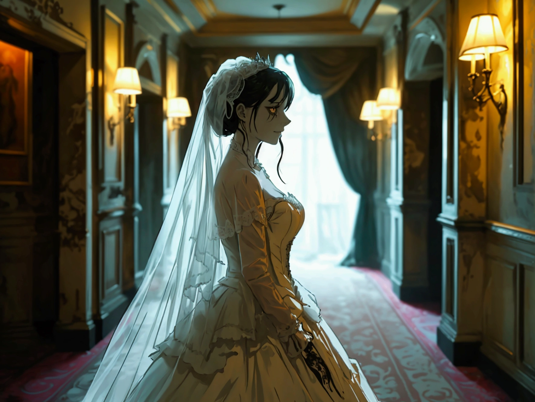 Create an image of a ghostly woman dressed in a wedding gown, standing in a dark hotel corridor at night. She has an eerie, frightening expression on her face, with pale, haunted eyes and a twisted, sinister smile. Her wedding dress is old and tattered, flowing around her in an unnatural way. The corridor is dimly lit, with flickering lights casting ominous shadows along the walls. The background includes old, worn wallpaper and a faded carpet, enhancing the unsettling, creepy atmosphere reminiscent of a classic horror movie. The overall scene should evoke a sense of dread and terror
