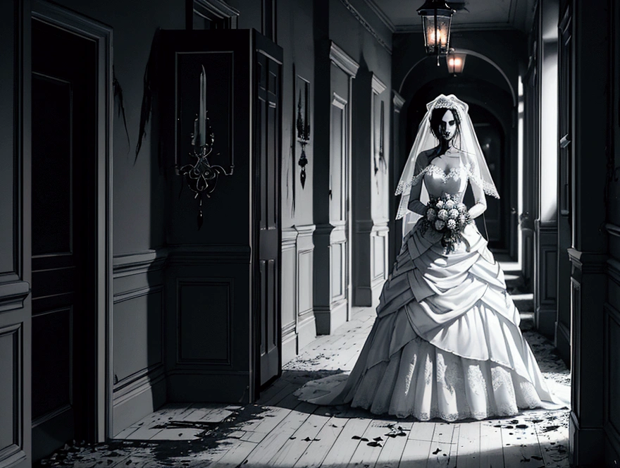 Create an image of a ghostly woman dressed in a wedding gown, standing in a dark hotel corridor at night. She has an eerie, frightening expression on her face, with pale, haunted eyes and a twisted, sinister smile. Her wedding dress is old and tattered, flowing around her in an unnatural way. The corridor is dimly lit, with flickering lights casting ominous shadows along the walls. The background includes old, worn wallpaper and a faded carpet, enhancing the unsettling, creepy atmosphere reminiscent of a classic horror movie. The overall scene should evoke a sense of dread and terror