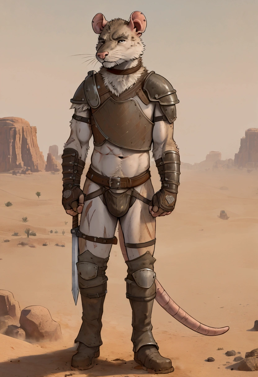 Solo Sexy young anthro furry rat male mercenary medieval solider, slim slim muscular, anthro handsome gay shorter muzzle, handsome gay model male apperance, sword scars, worn out leather skimpy armament, low on hips heavy leather belt, old very worn out skimpy dirty linen material jockstrap, old yellow dirty worn out stains on white sawn jockstrap, very visible "x" brown seam pattern on the jockstrap, studded skimpy armlets breastplate armor, skimpy breastplate, leather bondages, fingerless leather gloves, smelly unwashed furr, dirty body look, desert battlefield, standing in sexy fighting position, close view of full character