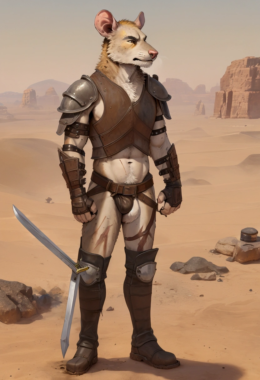 Solo Sexy young anthro furry rat male mercenary medieval solider, slim slim muscular, anthro handsome gay shorter muzzle, handsome gay model male apperance, sword scars, worn out leather skimpy armament, low on hips heavy leather belt, old very worn out skimpy dirty linen material jockstrap, old yellow dirty worn out stains on white sawn jockstrap, very visible "x" brown seam pattern on the jockstrap, studded skimpy armlets breastplate armor, skimpy breastplate, leather bondages, fingerless leather gloves, smelly unwashed furr, dirty body look, desert battlefield, standing in sexy fighting position, close view of full character
