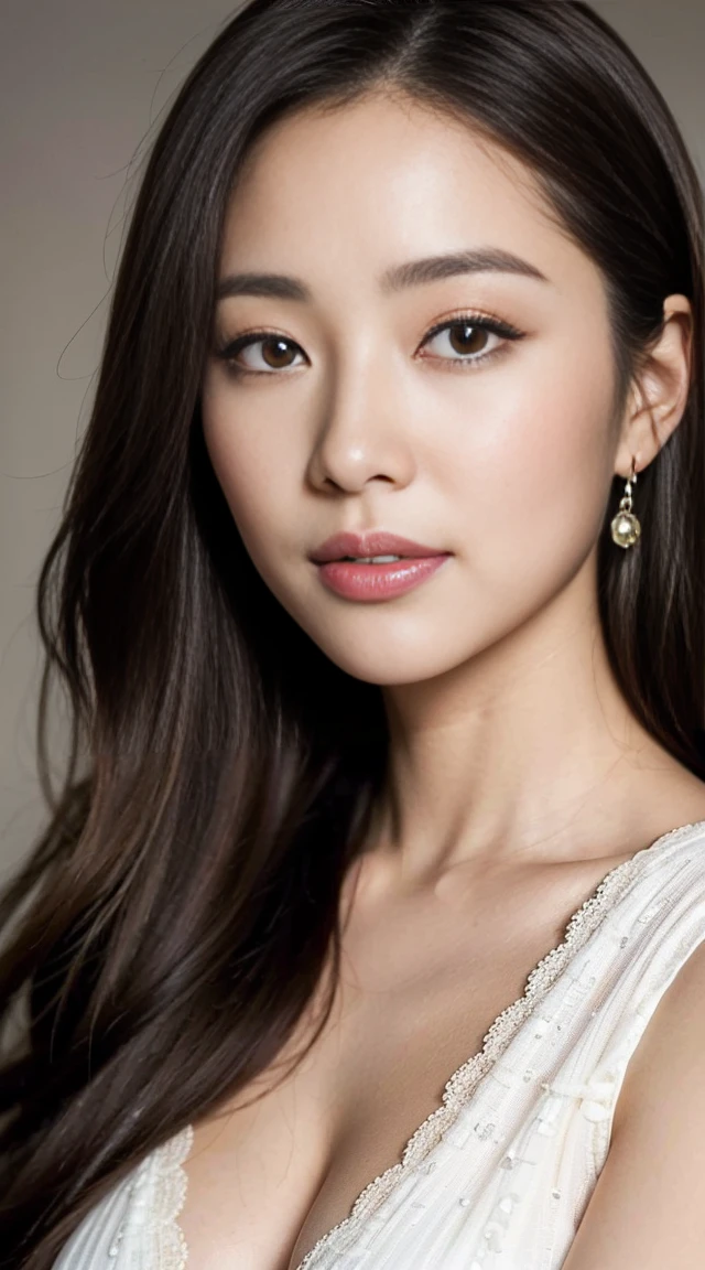 Dark brown hair、Light brown eyes、Japanese actress、 Lady、I am about 40 years old............、(Intricate details:1.2)、 (Ultra-high resolution:1.2)、Ultra-high resolution、(Finely tuned)、(Detailed facial features)、Hmph、8K resolution、D cup size breasts、Long Hair、なびくLong Hair, Jade-white skin，Her features are delicate and picturesque.，Especially those big bright eyes，It seems he can see into people&#39;s hearts。She always has a smile on her face，Exudes attractive confidence and charm，Highest quality，In-person audience，Cute Smile，Fascinating faces walking down the street，Beautiful posture，Curved body，Cute smile
