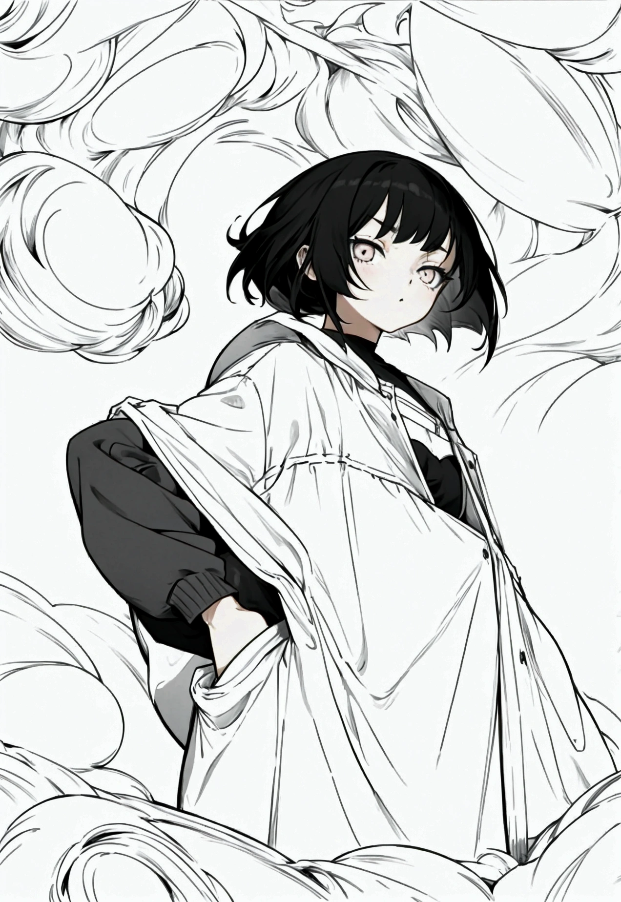 Young black hair anime girl, dark eyes, neutral facial gesture, he would be, 1 woman, Alone, underwear, in 3/4, three quarter perspective.