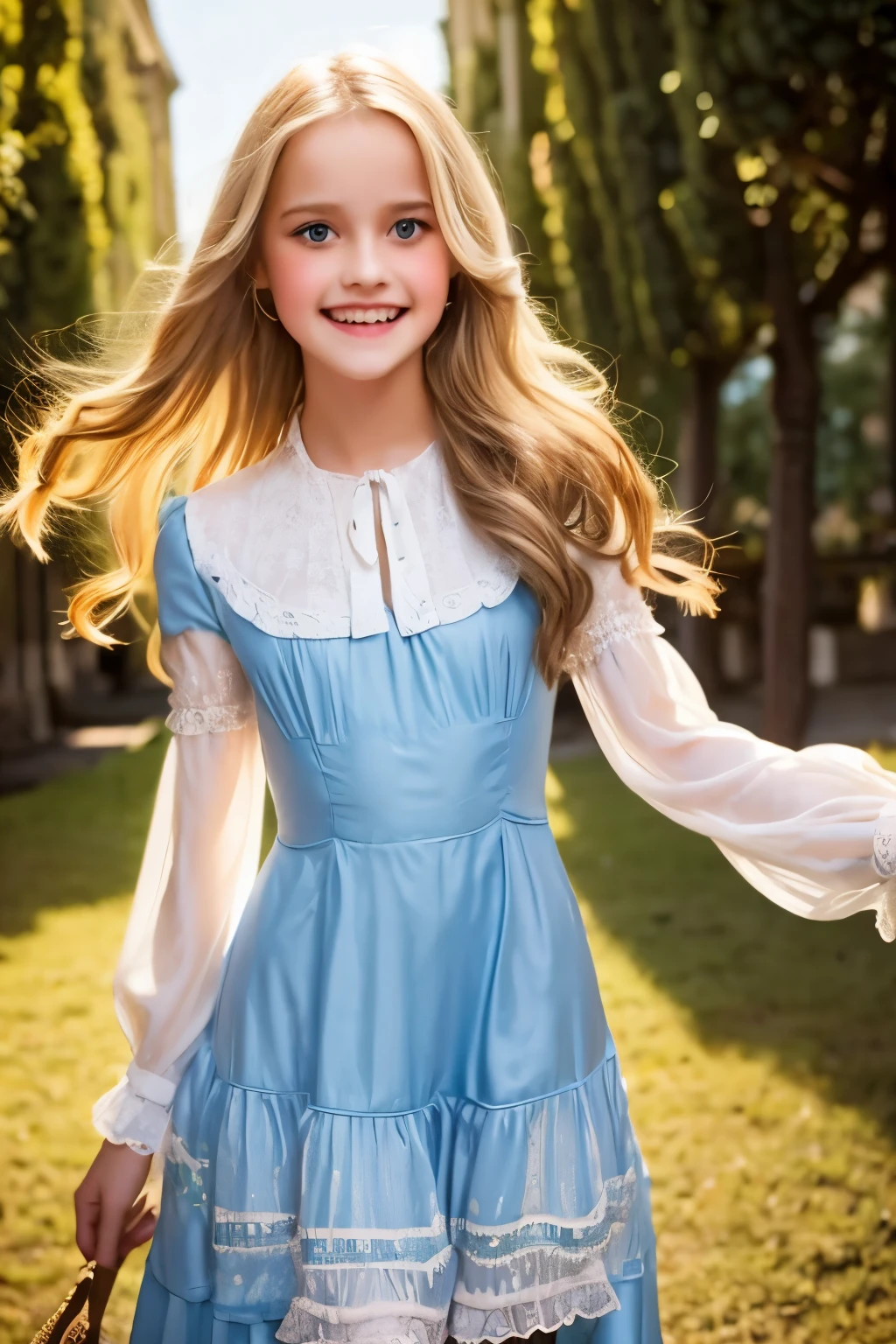 village realisticlying、Virginia Otis -yeld ble hair blue eyes、City of victorian age, Europe. aristocrat girl、Looking up from below、 wear long sleeve sheer fabric dress、Various dynamic sexy poses、Face smile、cute face, Depicts the whole body、
