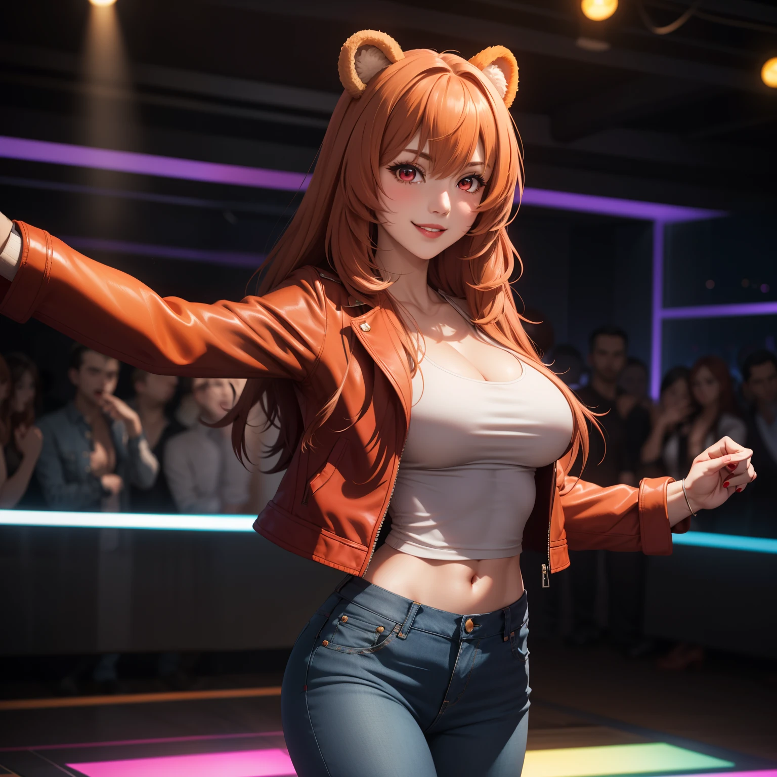 Raphtalia woman 23 years old straight orange hair , round bear ears, red eyes like ruby., flirtatious smile, pale skin, big breasts, Low-cut white top, red leather jacket, tight jeans , he is dancing in a nightclub, at night, disco background.