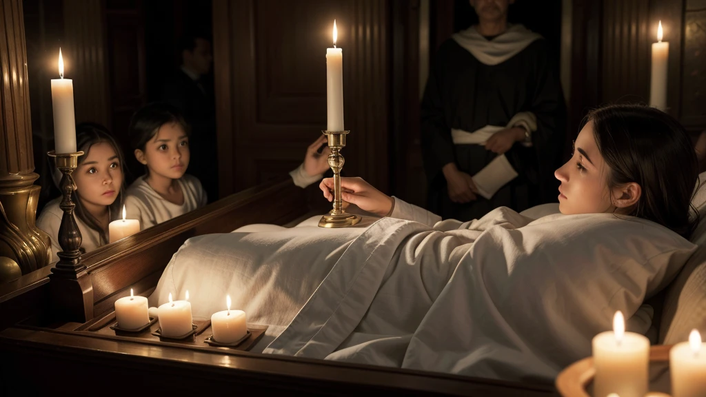 moisés, sacred leader of the people, lies in a simple wooden coffin, wrapped in white linen as a symbol of purity and peace. your followers, a diverse group of men and women of different ages and backgrounds, gather around the coffin in a quiet place lit by soft candlelight.

Each of the followers reflects a mixture of sadness and reverence on their faces., seus olhos fixos no rosto sereno de moisés. Some hold small candles, whose flames flicker in a serene rhythm, while others hold sacred symbols and ancient scriptures.

The environment is permeated with a solemn silence, which is interrupted only by the occasional whisper of a prayer or the faint sound of footsteps on the stone floor. O ar está carregado de uma sensação de despedida e ao mesmo tempo de celebração da vida e do legado de moisés.

As the ceremony continues, followers share stories and memories, relembrando os ensinamentos de moisés que moldaram suas vidas e guiaram suas jornadas espirituais. É um momento de conexão profunda entre aqueles que compartilham uma fé comum e que foram tocados pela presença e liderança de moisés.

Por fim, As the sun sets on the horizon, followers say goodbye silently, levando consigo não apenas a memória de moisés, but also a renewed commitment to live by the principles he taught. O caixão de moisés permanece como um símbolo de sua passagem deste mundo, while his teachings continue to inspire and guide those who faithfully followed him.