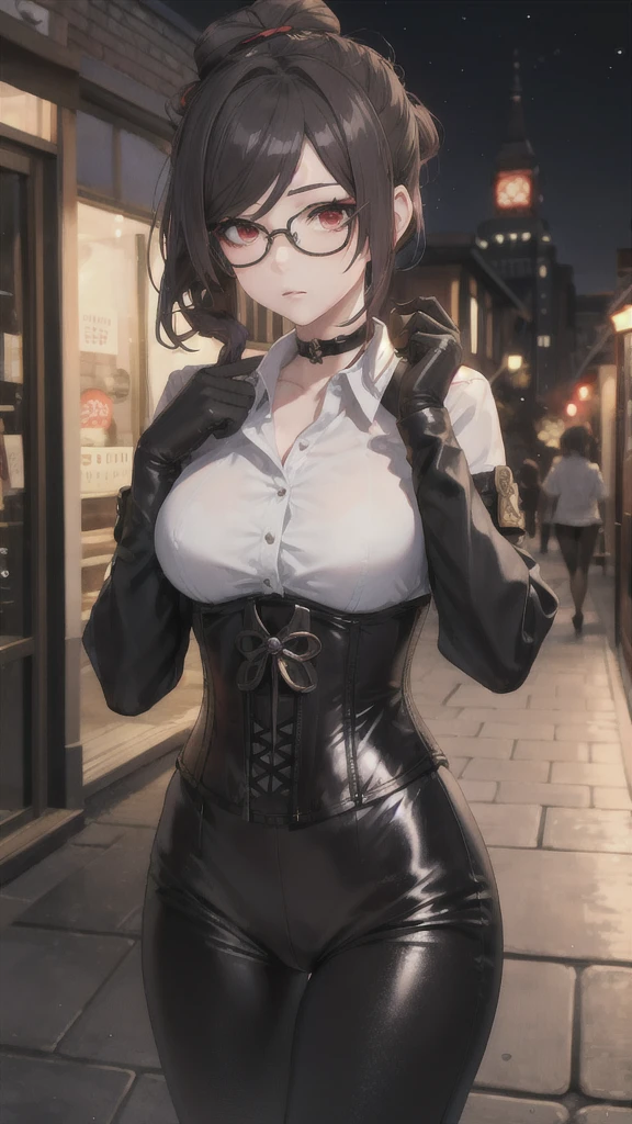 1 girl, Chiori \(genshin impact\), Alone, choker:1.6, White long sleeve shirt with long sleeve collar, black leather corset, black gloves that cover your hands, shiny black leggings, glasses, looking at the viewer,, inside, depth of field, expressionless, alley, at night