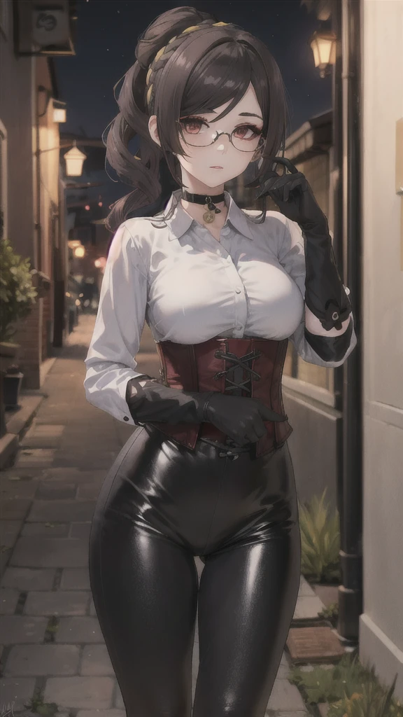 1 girl, Chiori \(genshin impact\), Alone, choker:1.6, White long sleeve shirt with long sleeve collar, black leather corset, black gloves that cover your hands, shiny black leggings, glasses, looking at the viewer,, inside, depth of field, expressionless, alley, at night