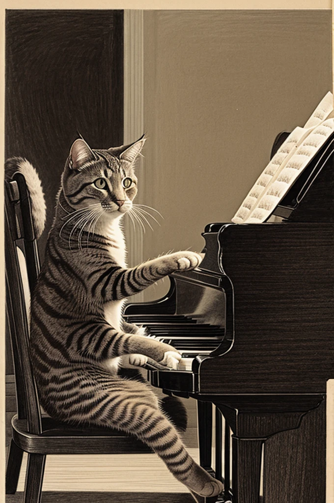 Drawing of a cat playing piano