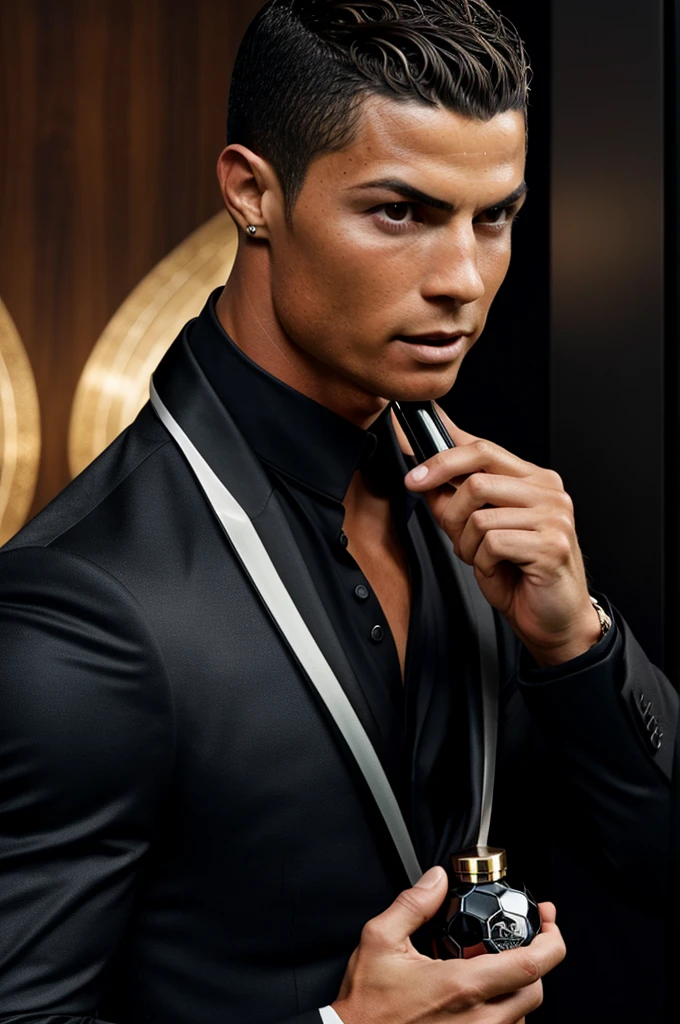 Make Cristiano Ronaldo holding a black perfume