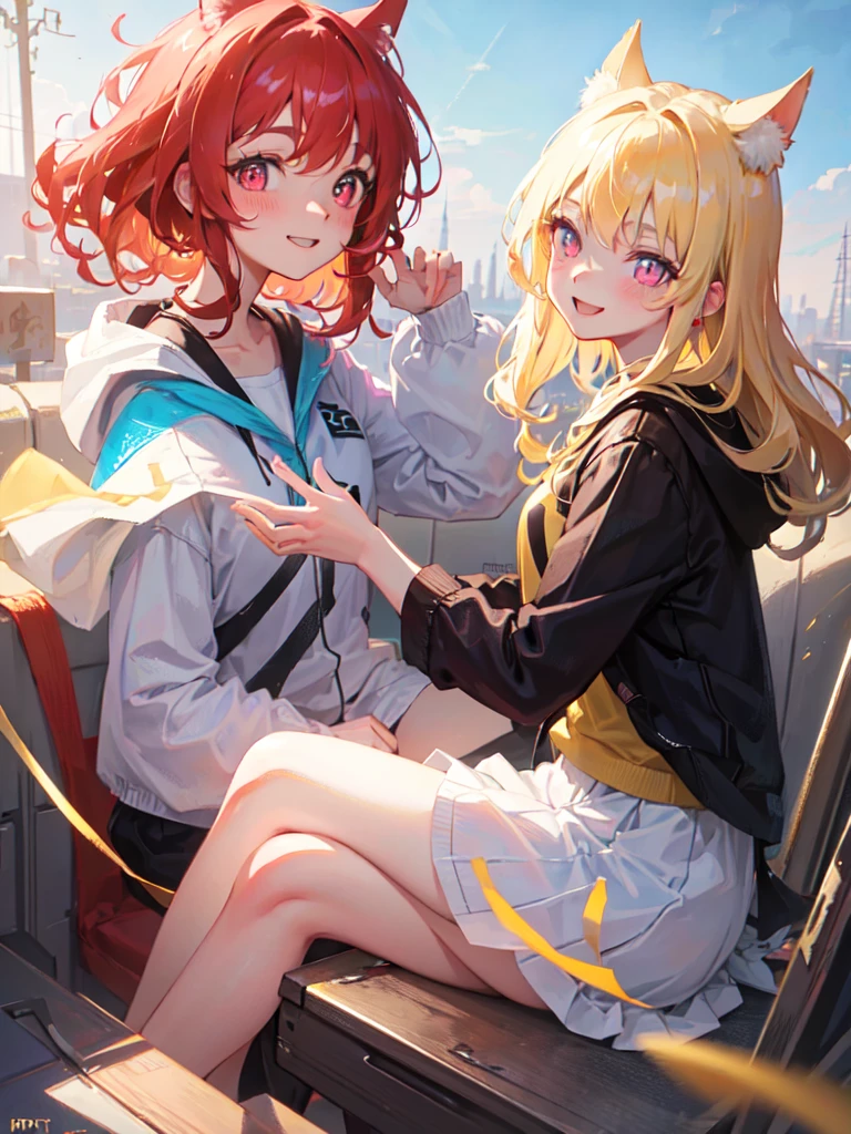hair over shoulder, wavy hair, hair strand, shiny hair, blonde hair, eye reflection, glowing eyes, slit pupils, amber eyes, cat ears, smile, blush, glint, happy, anime, anime style, En plein air, high detail, cinematic lighting, ray tracing, reflection light, masterpiece, accurate, anatomically correct, super detail, high details, high quality, best quality, highres, 4K
