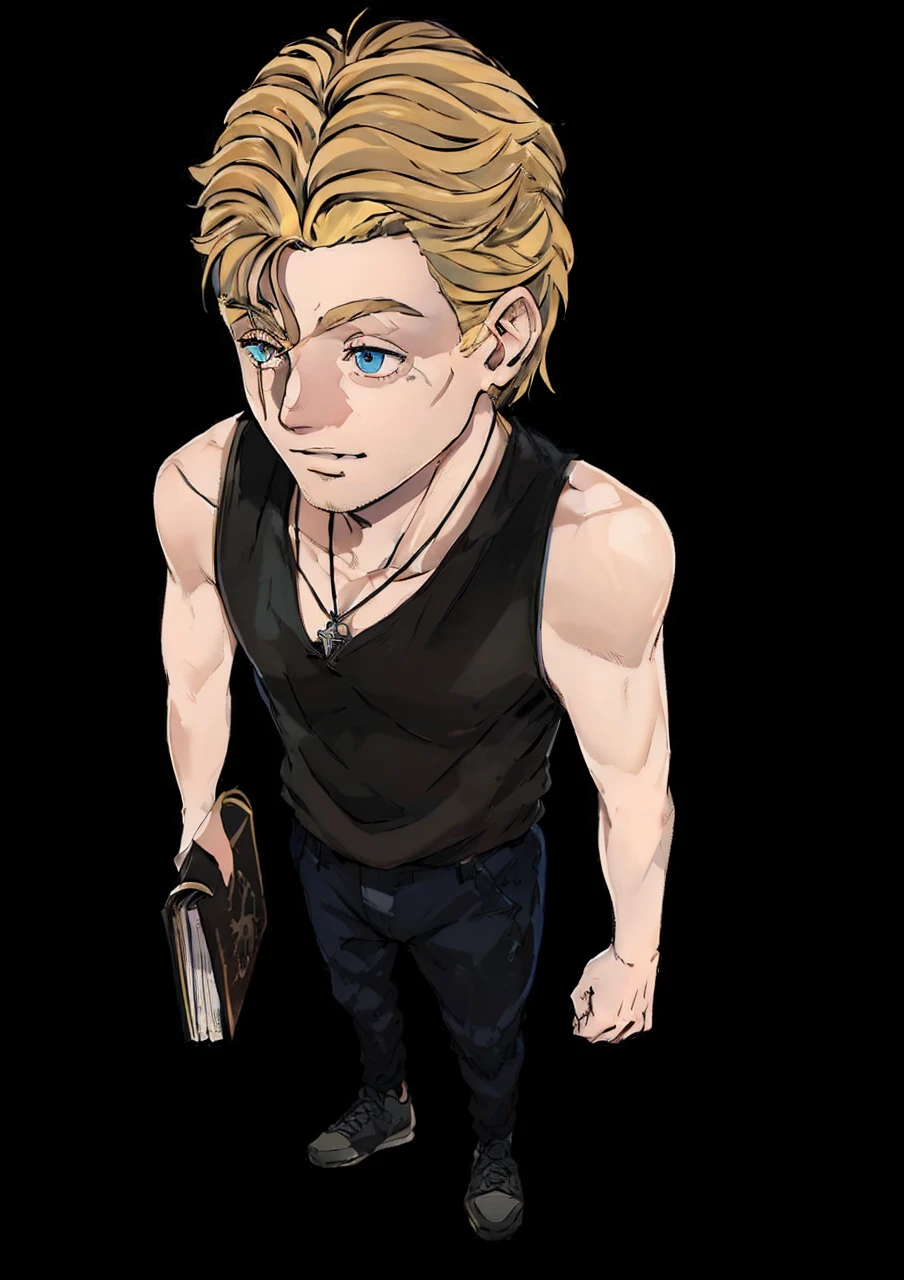 A guy from the top view set drawn lines, A white man, blue colored eyes, horizontal scar on left eye, messy blonde hair, lisa regatta, black tank top, plain black pants, closed shoe, Monday a closed book in your left hand, The cover of the book has an infinity symbol, on his chest a gray hezagonal necklace.
