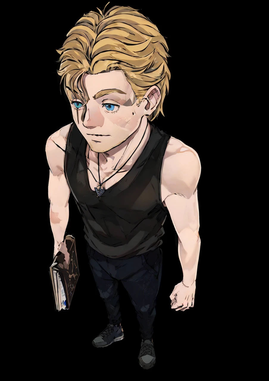 A guy from the top view set drawn lines, A white man, blue colored eyes, horizontal scar on left eye, messy blonde hair, lisa regatta, black tank top, plain black pants, closed shoe, Monday a closed book in your left hand, The cover of the book has an infinity symbol, on his chest a gray hezagonal necklace.