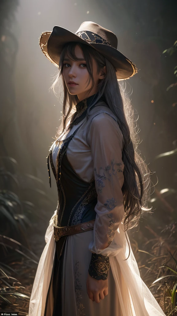 Surrealistic Female Character Art by David Hockney and Alphonse Mucha, Fantasy art, Realistic art, Dynamic Lighting, Art Station, Volumetric lighting, Highly detailed face, 8k yen,Full HD, Award-winning,, One girl, In the Dark, Deep Shadow, Modest, Cowboy Shot, (Official Costume: 1.4), Long Hair, Gray Hair, dyeing hair with black light