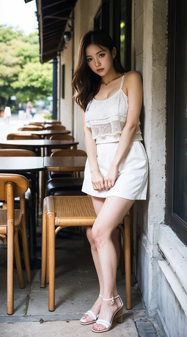 Dark brown hair、Light brown eyes、Japanese actress、 Lady、I40歳くらいです..、(Intricate details:1.2)、(Which is the top?????:1.4)、 (Ultra-high resolution:1.2)、Ultra-high resolution、(Finely tuned)、(Detailed facial features)、Hmph、8K resolution、D cup size breasts、Long Hair、Angels Shade Awning サン&Shade Awning、Terrace Cafe、Cafe tables lined up、Cafe chair、relax、、,Full body photo、Head to toe shot、Beautiful feet、White camisole、mini skirt、Blackpink Jenny I、Take this photo、Beautiful feet、she, Fashion Hub, Attention to detail, Very detailed, Realistic, Hourglass Shaped Body, Obscene pose,Leaning against a wall、Please lift your chin a little.....、Poses that make you feel weak、Are crying、Deep sorrow、My eyes and cheeks are wet with tears、Cafe facing the sea、Very sandals、Place your elbows on the table、Place your chin on your hand、Sun and Shadow、Angels、