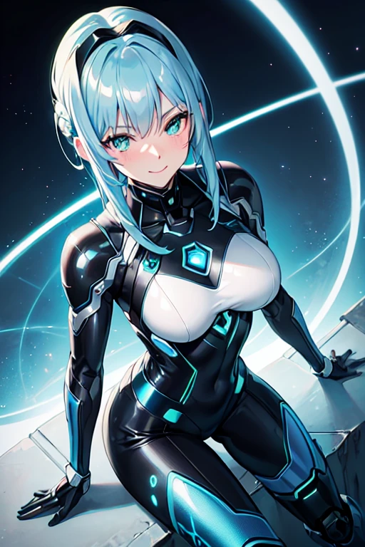 (masterpiece, best quality,Super detailed),(random angle),A cool and blushing female cyborg in her late twenties with short, metallic blue hair, glowing green cybernetic eyes, and a shy smile. She wears a sleek silver bodysuit with integrated tech armor, augmented gloves, and high-tech boots,