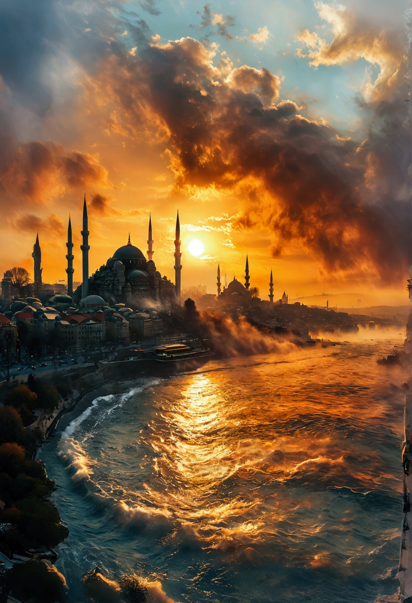 drawing, atmospheric, skyline, skyline of Istanbul, silhouette, foggy, mysterious, warm colors, golden light, high quality, 4k, high resolution, ultra high resolution, intricate detail, detailed texture