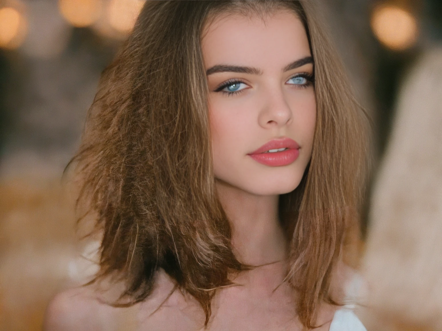 a beautiful 23-year-old woman, light blonde, close-up, girl next door, dress, makeup, lips, night, messy hair, film grain, retro, Porta 160 color, shot on ARRI ALEXA 65, sharp focus on subject, Fujifilm XT-3, UHD 4k, ultra detailing skin, realistic image, big tits, open neckline