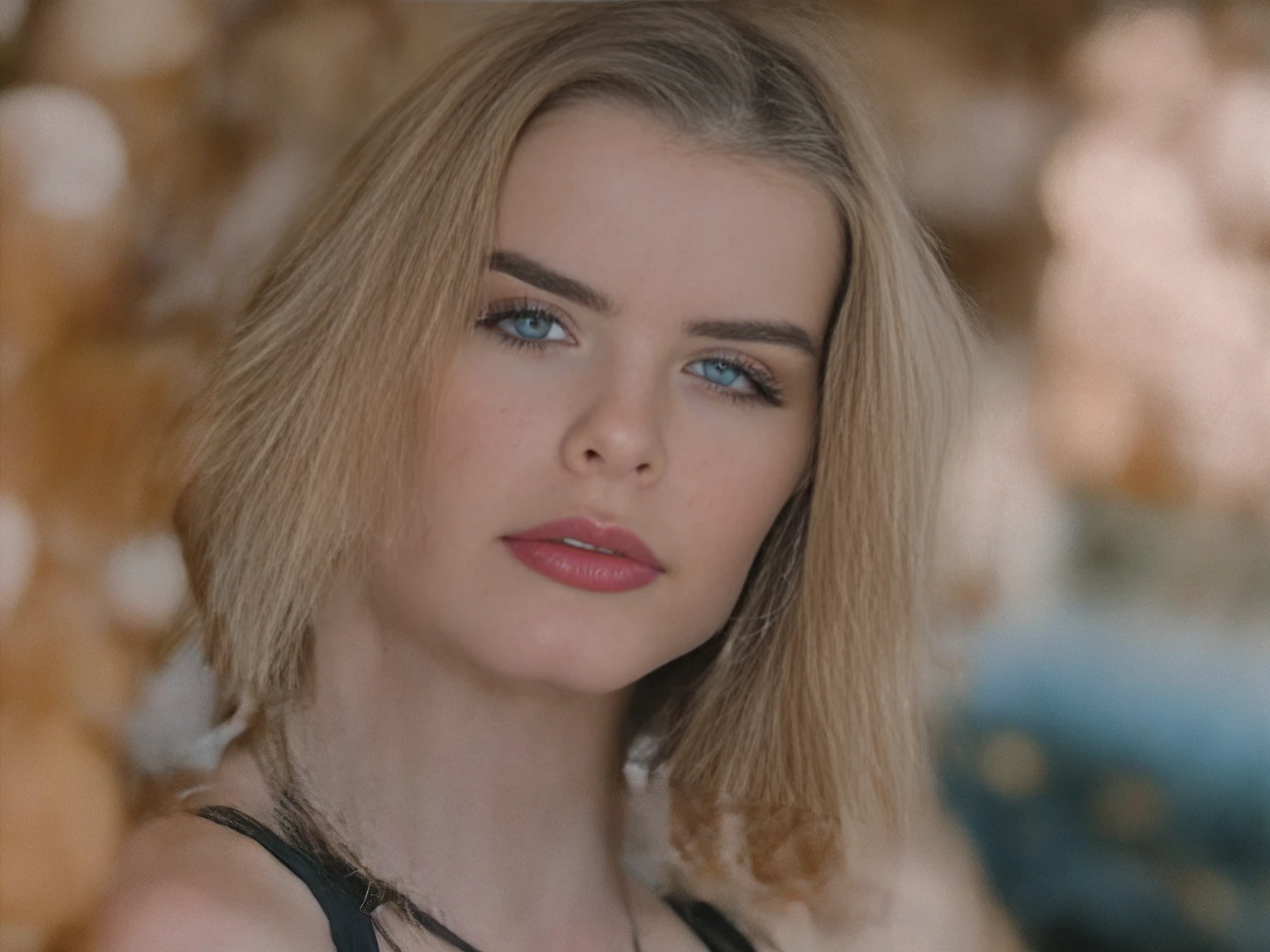 a beautiful 23-year-old woman, light blonde, close-up, girl next door, dress, makeup, lips, night, messy hair, film grain, retro, Porta 160 color, shot on ARRI ALEXA 65, sharp focus on subject, Fujifilm XT-3, UHD 4k, ultra detailing skin, realistic image, big tits, open neckline