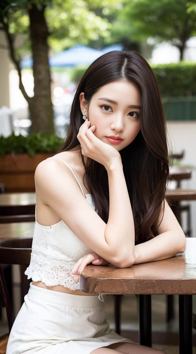 Dark brown hair、Light brown eyes、Japanese actress、 Lady、I40歳くらいです..、(Intricate details:1.2)、(Which is the top?????:1.4)、 (Ultra-high resolution:1.2)、Ultra-high resolution、(Finely tuned)、(Detailed facial features)、Hmph、8K resolution、D cup size breasts、Long Hair、ロサンゼルス Shade Awning サン&Shade Awning、Terrace Cafe、Cafe tables lined up、Cafe chair、relax、、,Full body photo、Head to toe shot、Beautiful feet、White camisole、mini skirt、Blackpink Jenny I、Take this photo、Beautiful feet、she, Fashion Hub, Attention to detail, Very detailed, Realistic, Hourglass Shaped Body, Obscene pose,Leaning against a wall、Please lift your chin a little.....、Poses that make you feel weak、Are crying、Deep sorrow、My eyes and cheeks are wet with tears、A cafe surrounded by white flowers、Very sandals、Place your elbows on the table、Place your chin on your hand、Sun and Shadow、