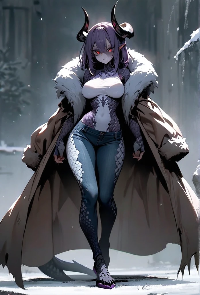 (High resolution, best quality, masterpiece), detailed, ultra detail, 1female, physically fit, curvy, slender body, fierce expression, dark eyes, (detailed eyes), Purple hair, short length hair, full body, ((dragon horns)), ((face: dragon scales)), face covered in scales, ((topwear: fur lined coat, bottomwear: tight jeans)), snowy background, part draconic, somber expression, inhuman, reptilian skin