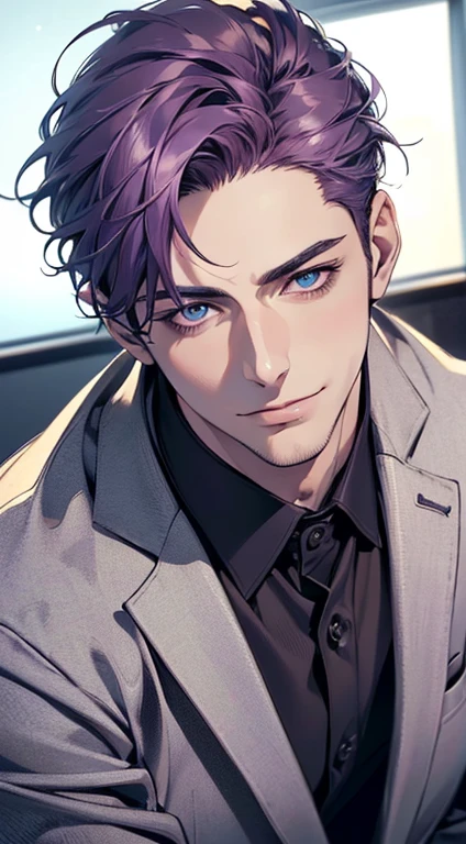 (best quality,4k,8k,highres,masterpiece:1.2),ultra-detailed,(realistic,photorealistic,photo-realistic:1.37),1 man,31 years old,mature man,very handsome,without expression,smile,short purple hair,blue eyes,penetrating gaze,perfect face without errors,imposing posture,businessman,office background,cinematic lighting,hdr image