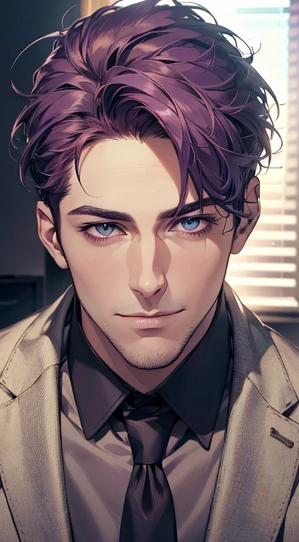 (best quality,4k,8k,highres,masterpiece:1.2),ultra-detailed,(realistic,photorealistic,photo-realistic:1.37),1 man,31 years old,mature man,very handsome,without expression,smile,short purple hair,blue eyes,penetrating gaze,perfect face without errors,imposing posture,businessman,office background,cinematic lighting,hdr image