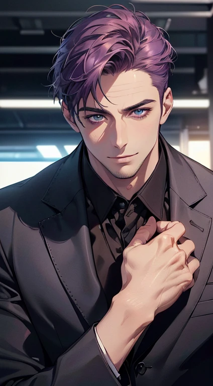 (best quality,4k,8k,highres,masterpiece:1.2),ultra-detailed,(realistic,photorealistic,photo-realistic:1.37),1 man,31 years old,mature man,very handsome,without expression,smile,short purple hair,blue eyes,penetrating gaze,perfect face without errors,imposing posture,businessman,office background,cinematic lighting,hdr image