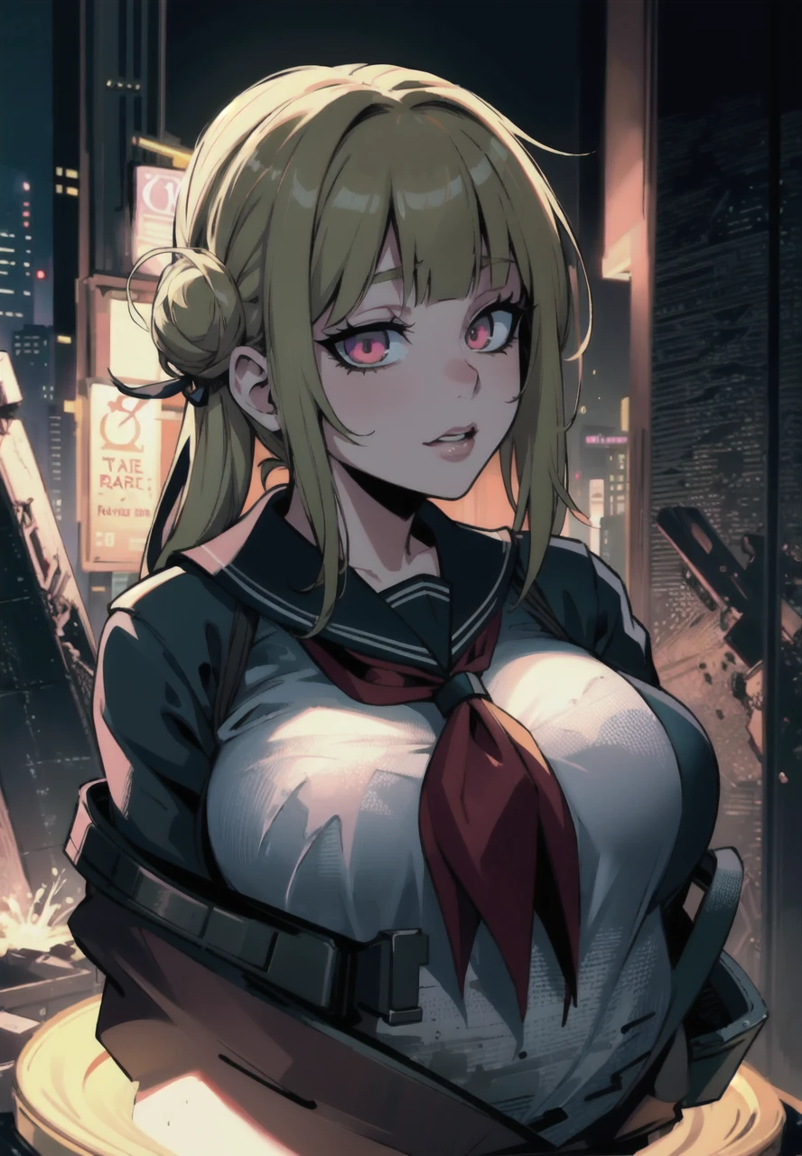 dark art, horror, thick outlines, comics, photorealistic, perfect hands, masterpiece:1.2, ruined city at night, 1 girl, sarashi bandage rap, neckerchief, big breast, detailed background, detailed face, detailed eyes, 