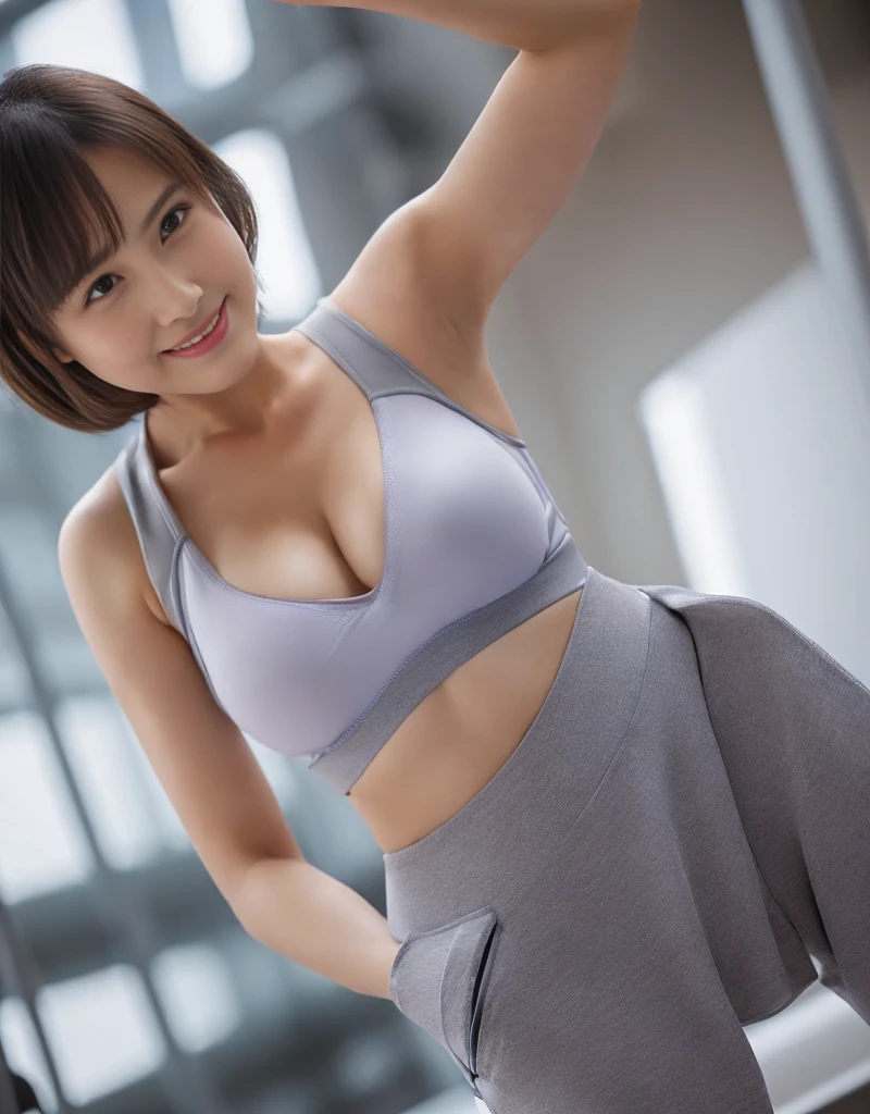 Italian woman, Highly detailed CG Unity 8k wallpaper, of the highest quality, masutepiece, Realistic, photographrealistic, Very detailed beautiful girl, 25-years old,(((Bery short hair)))、cleavage , (get sweaty) , Round eyes, ((You can see the shape of the nipple through the clothes))、Realistic female hands、viewer, blush, Smile, ((Tall pretty woman))、((Vertical navel))、Parted lips, full body photographed , Tank top , Lewd sportswear ,((training))、 squatt, (((Thin sportswear)))、sports gym、erect through、Muchimuchi、Frontal photography、((((Taken from below))))