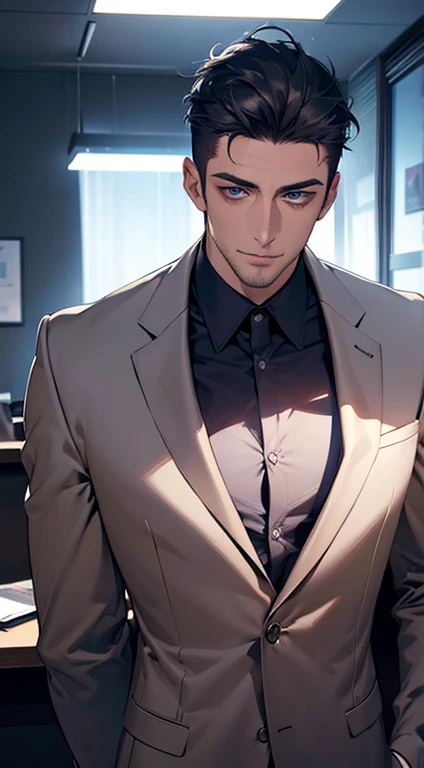 (best quality,4k,8k,highres,masterpiece:1.2),ultra-detailed,(realistic,photorealistic,photo-realistic:1.37),1 man,31 years old,mature man,very handsome,without expression,smile,short blue back hair,blue eyes,penetrating gaze,perfect face without errors,imposing posture,businessman,office background,cinematic lighting,hdr image
