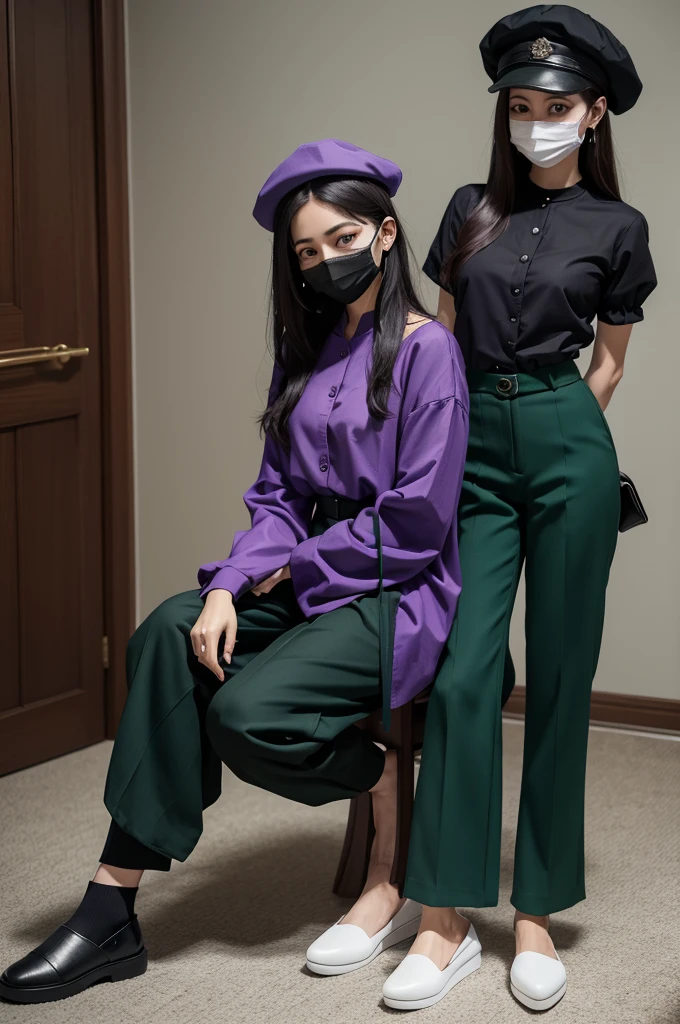 Purple hat black mask black eye prisoner blouse green pants blue slippers