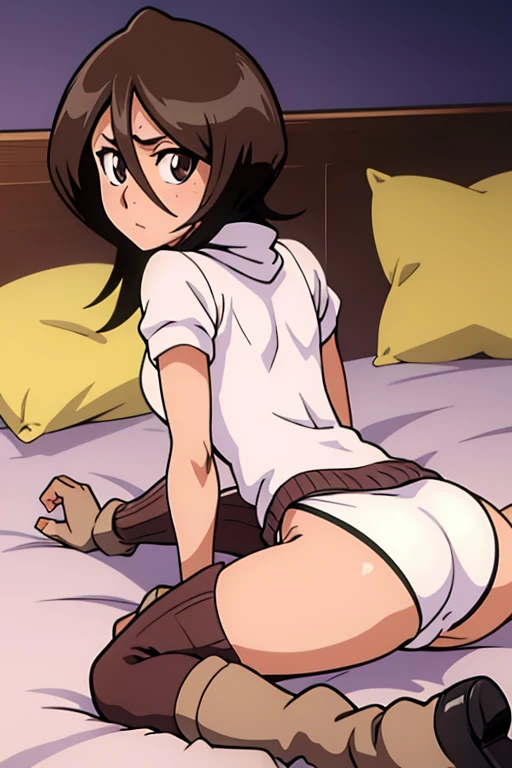 tennis girl's massive rear butt cheeks out of bottomless slutty mini sweater out bare and brown boots, showing her butt, lying down, on bed, wearing oven mittens under big pillow, blindfold