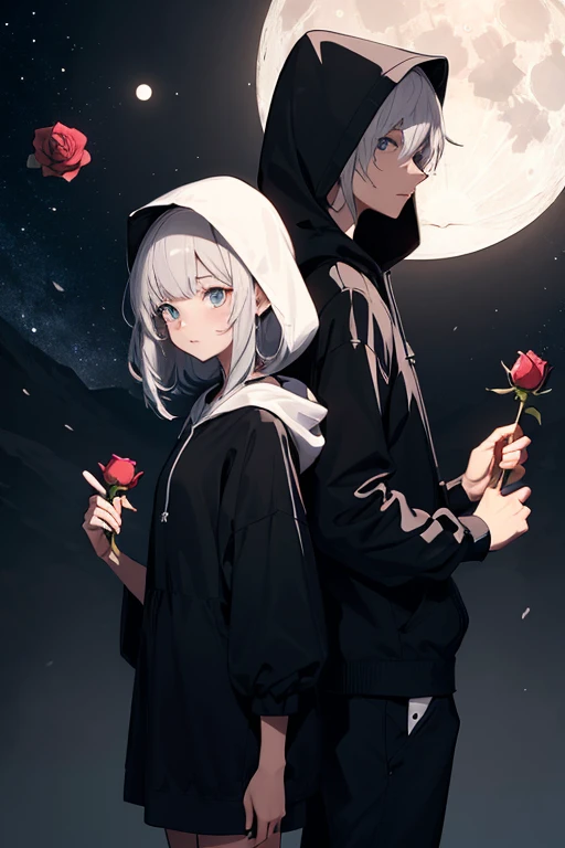 A couple back to back looking at the moon,the girl is short and wears a short black dress and her hair is white the boy is tall and wears a hood and mask all in dark colors ,he holds a rose and she holds a knife