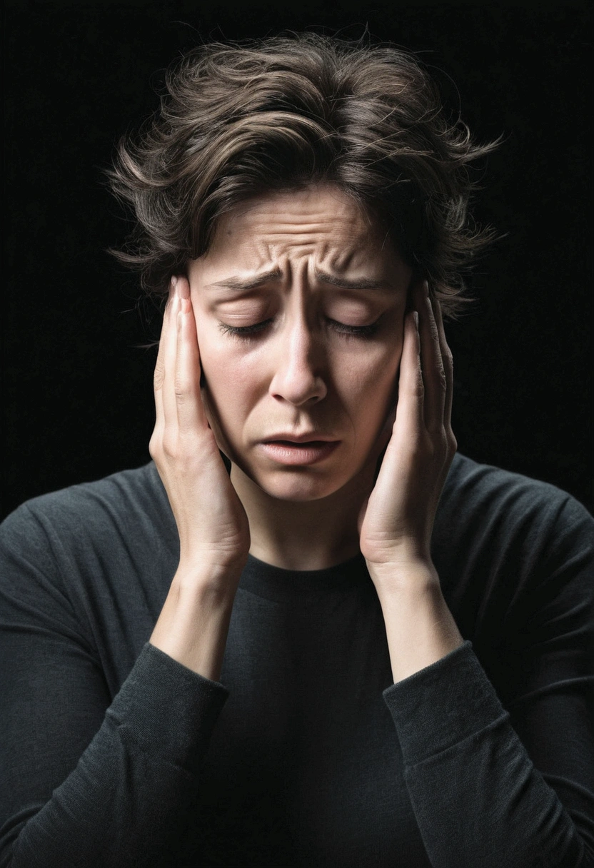 person appearing overwhelmed or anxious, with a dark background, something that reminds us of discouragement