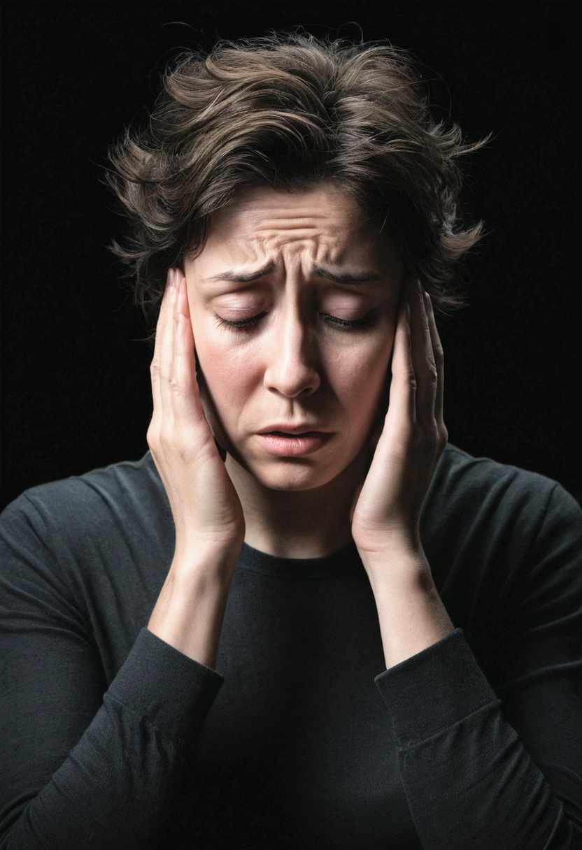 person appearing overwhelmed or anxious, with a dark background, something that reminds us of discouragement