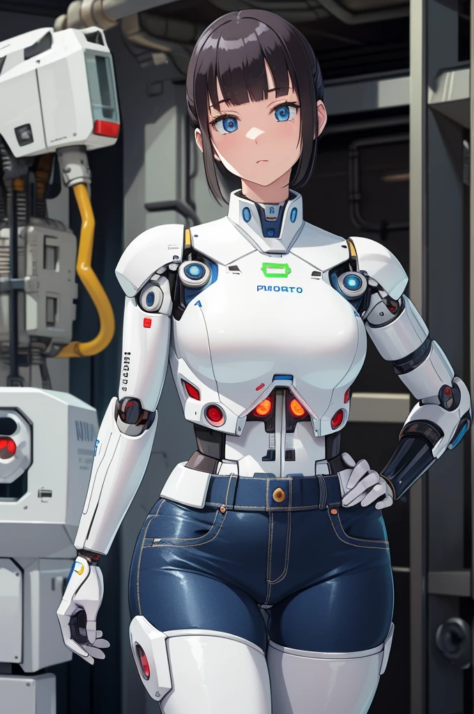 masterpiece, best quality, extremely detailed, Japanese android girl,Plump ,control panels,robot arms,robot,android,cyborg,white robot body,blunt bangs,robot repair plant,skinny pants,boots,blue eyes