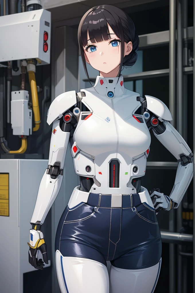 masterpiece, best quality, extremely detailed, Japanese android girl,Plump ,control panels,robot arms,robot,android,cyborg,white robot body,blunt bangs,robot repair plant,skinny pants,boots,blue eyes