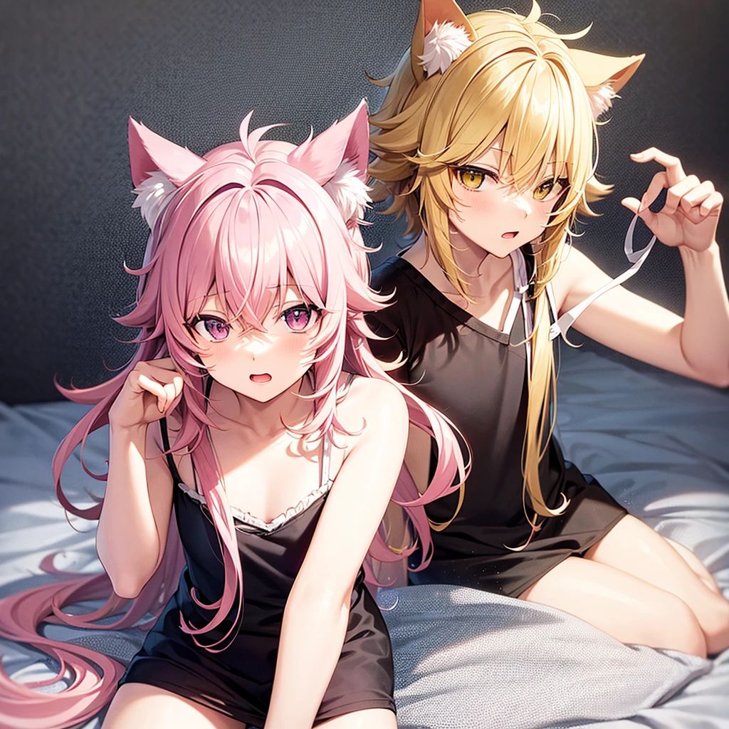 catboy, Anime, Wallpaper, Cute, teen, pink or white hair. fluffy ears, messy hair
