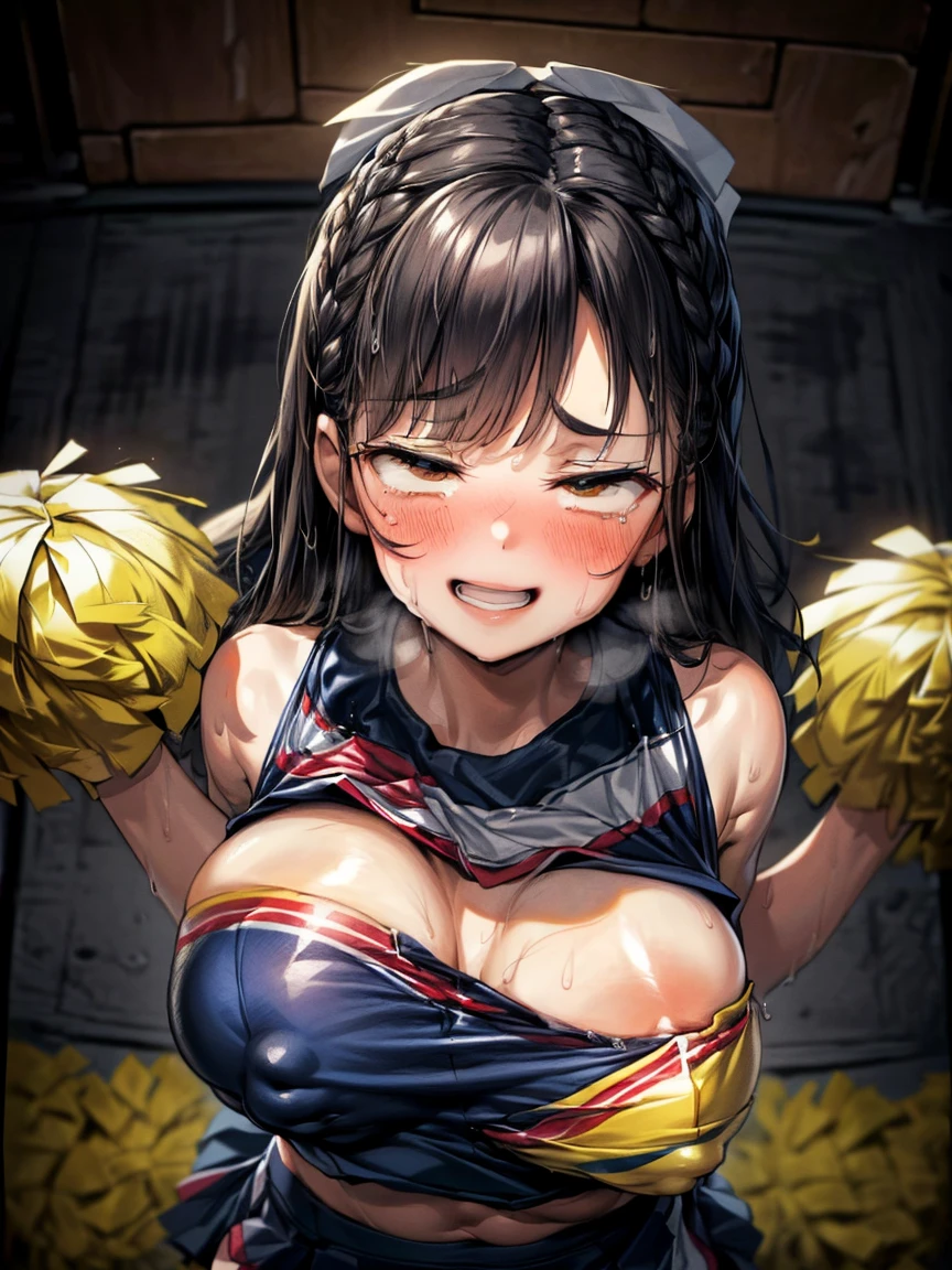 (Very tiny girl rides guy perfectly:1.5)、(Petite girl riding:1.3)、((Big Breasts:2))、(eyes half closed:1.9)、(Grin)、(tears:1.2)、(The body shakes violently)、8K resolution、 ((Highest quality))、Anatomically correct、(Cheerleader:1.9)、((Hasselblad Photos))、[:(Detailed face:1.2):0.2]、(heavy rain:1.5)、(Sweaty:1.3)、(Top view:1.9)、(braid one's hair:1.5)、(Loss of strength from the body:1.3)、(呻吟)、(On all fours:1.6)、(Surrounded by a lot of middle-aged men:1.6)、((Upper Body:1.9))、(Leaning forward:1.6)、(shame:1.3)、(Groping the chest:1.6)、(Black Hair:1.3)