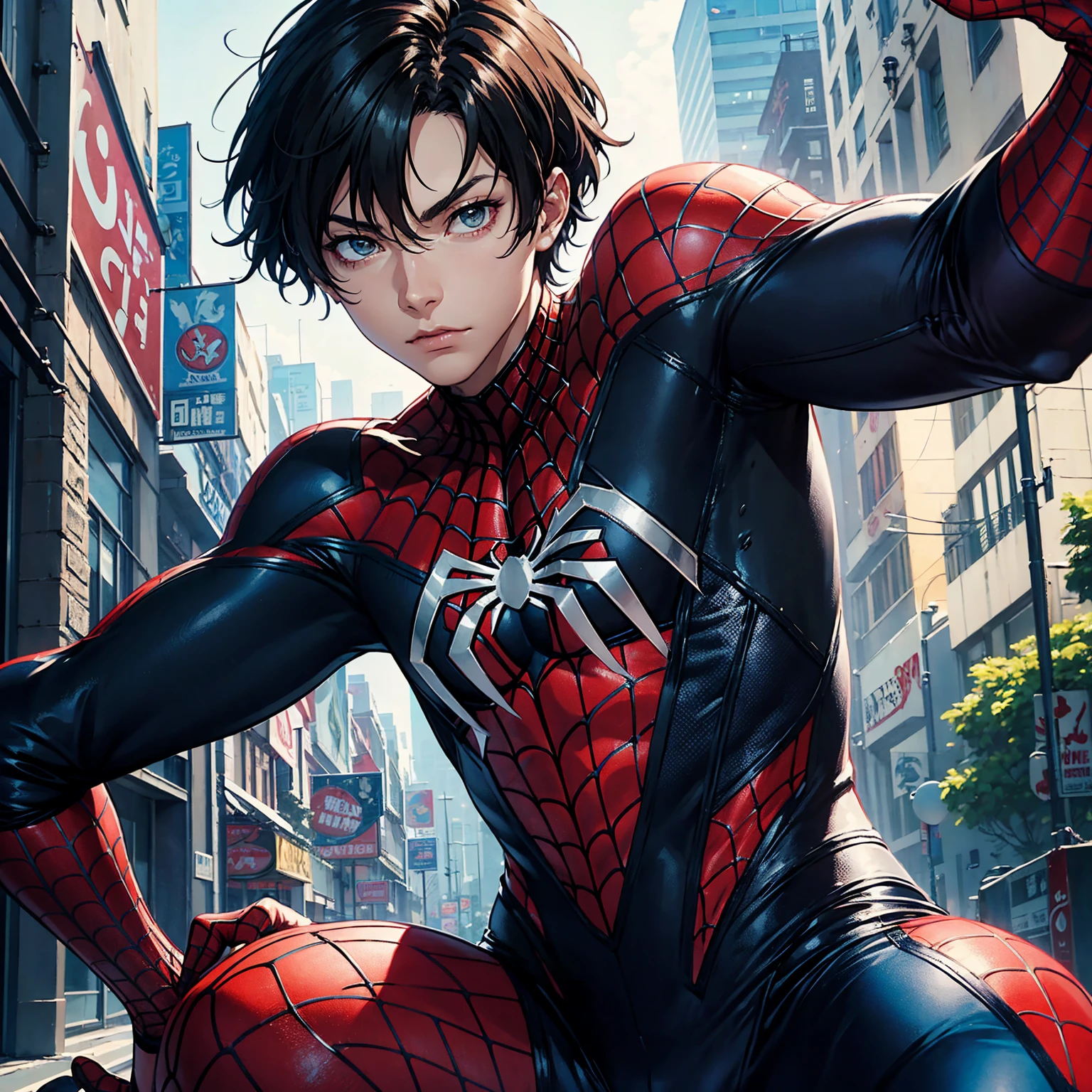 score_9, score_8_up, score_7_up, rating_explicit, source_anime, man, marvel spider man, black hair, pale skin, light brown eyes, no mask, piercing, sexy guy, 18 years, no mask, black and red suit, anime boy, sexy anime boy, beautiful boy anime, Crouching, low angle, spider man suit